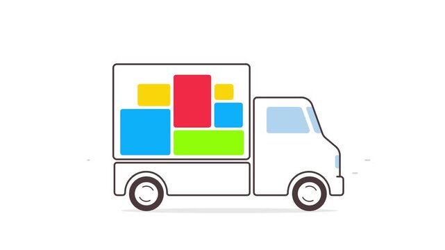Animated line art delivery truck loop with colorful boxes inside transparent cargo. Moving cargo van with spinning wheels and jumping boxes on white