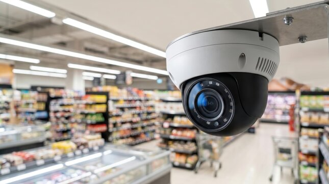 Modern CCTV surveillance camera monitoring supermarket interior, representing retail security, video surveillance, crime prevention and public safety technology