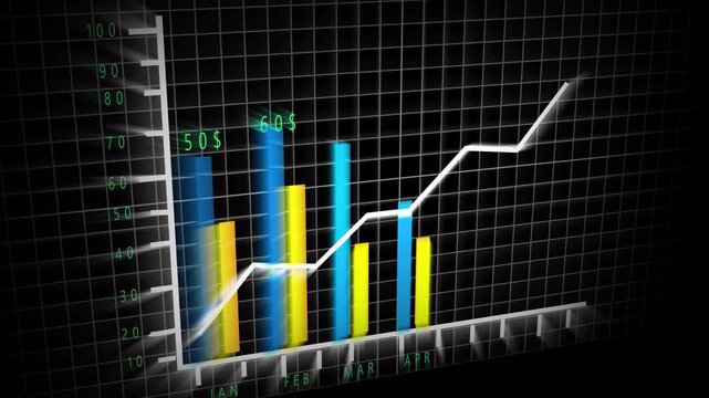 Animated stock market graph chart upward trend business finance economy investment profit presentation. Stock market graph animation blue yellow bars white line upward trend business.
