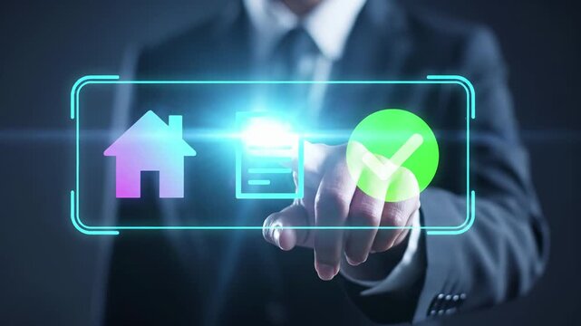 Real estate property mortgage approval and online contract agreement. Businessman in a suit touching a virtual screen interface with house, document and checkmark icons. Digital technology for home