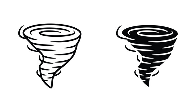 Tornado weather symbol illustration in linear and solid black style for meteorological data and warning signs