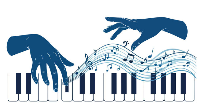 Hands Playing Piano with Musical Notes Flowing