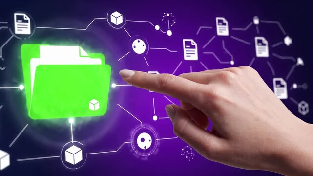Finger touches a bright folder within a digital network of files and documents. Data storage and management system with online archive, cloud database, and information sharing across virtual interface