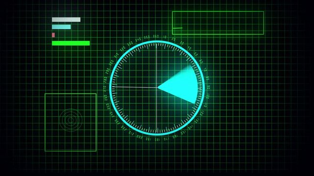 Neon green blue radar interface animation sci fi hud digital display triangle scan. Digital radar hud animation futuristic interface targeting system triangle scan loop.