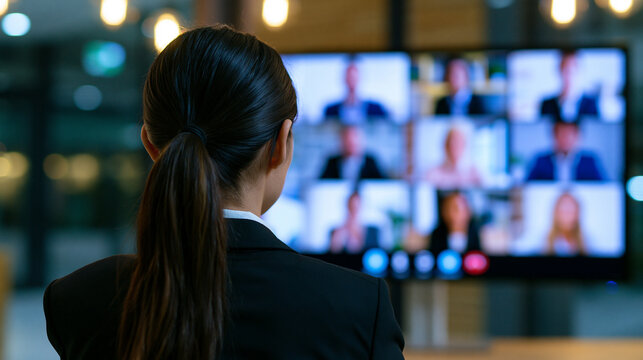 Businesswoman leading virtual video conference meeting with diverse remote team on digital screens in modern office.