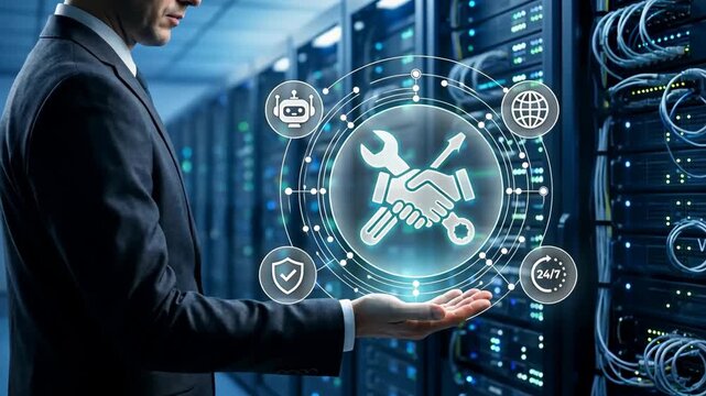 Professional man holding holographic service icons with dashboard in server room, Customer care, Online support