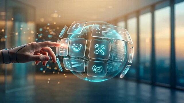 Hand touching holographic sphere with service support icons and global network in modern space, Customer care, Online support
