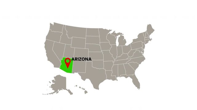 United States map with Arizona state highlighted in green and marked with a red location pin