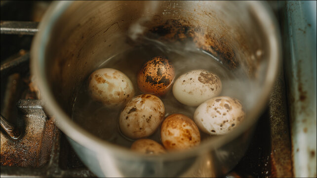 Burned Eggs Boiling in Pot on Dirty Stove with Smoke and Kitchen Disaster Scene