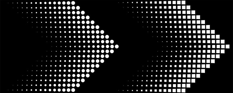 A collection of speed lines in the form of arrows. Halftone dashed speed lines. Abstract geometric circles with rotating radial lines. Design elements for logos, prints, templates, or posters. Vector 