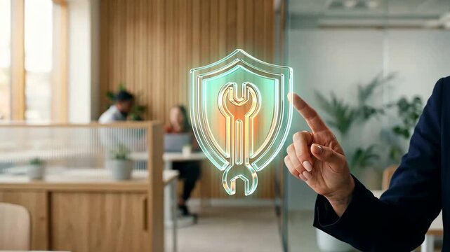 Hand touching glowing shield wrench hologram in modern office, secure repair concept, Customer care, Online support