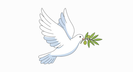 Fototapeta premium A white dove flying with an olive branch in its beak against a clean white background with a symbolic peaceful mood.