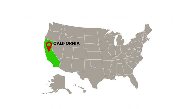 United States map with California state highlighted in green and marked with a red location pin