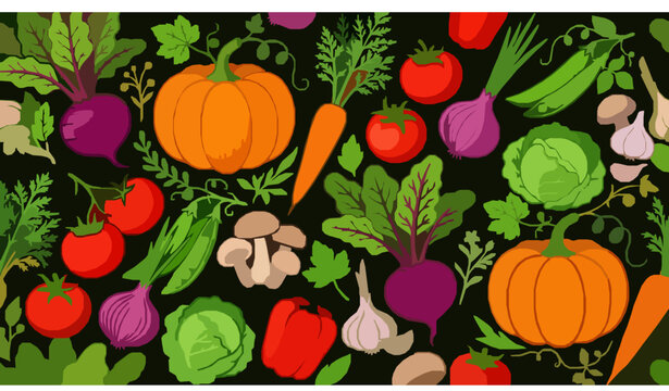 Contemporary seamless harvest vegetable pattern vector with organic food elements