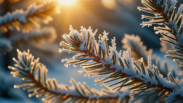 Frosty Pine Branches in Golden Winter Sunlight