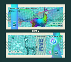 Fototapeta premium Beautiful vector cartoon banknote. Obverse and reverse. Cute rainbow llama toon. Colorful 5 dollars bill. Guilloche, security mesh and hologram. Five. Cyan game coupon. Mountain. Part 2