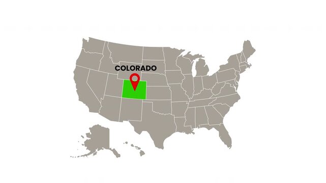United States map with Colorado state highlighted in green and marked with a red location