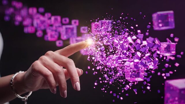 Finger touch with spark of light triggers explosion of digital cubes and particles. Futuristic interface for data interaction, virtual network connection, innovation, technology, and creative
