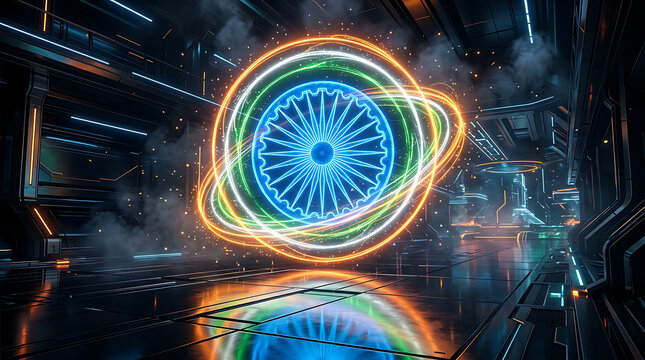 Futuristic Ashok Chakra with Glowing Tricolor Rings for Indian Pride