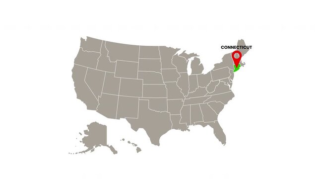 United States map with Connecticut state highlighted in green and marked with a red location pin