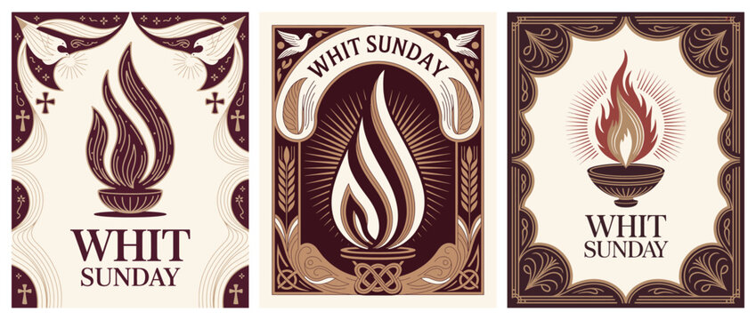 Whit Sunday Vintage Christian Flame Poster Set Retro Religious Illustration