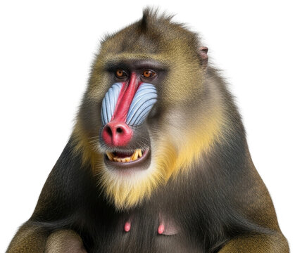 Colorful mandrill with striking red and blue face, mouth slightly open, studio isolated transparent background image