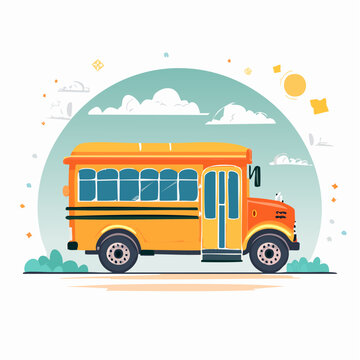 Illustration of a yellow school bus with clouds and sun