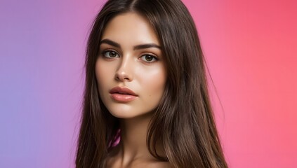 Naklejka premium Beauty model with perfect long glossy brown hair. Close-up portrait on neon gradient background.