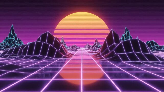 Futuristic landscape with neon grid and sun perfect for UI/UX elements and digital motion graphics