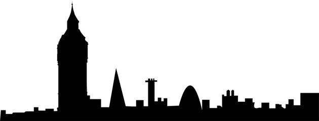 Obraz premium Black silhouette of the iconic London city skyline featuring Big Ben and other famous architectural landmarks against a white background.