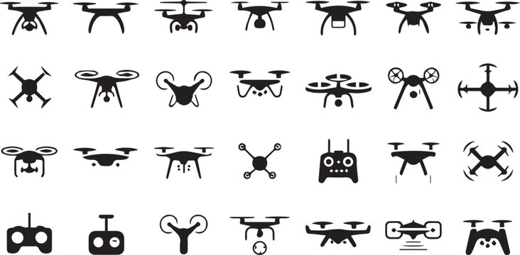 Set of black drone silhouettes featuring various quadcopter designs and remote controller icons for modern aerial photography technology graphic collections
