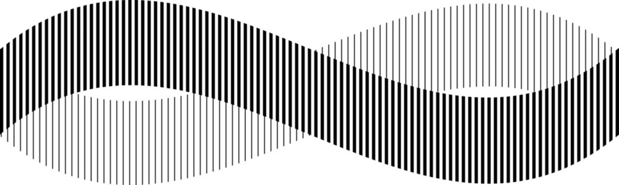 Abstract black and white graphic design featuring an optical illusion of a Mobius strip or infinity symbol created by alternating vertical lines.