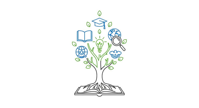 Educational tree illustration with book roots and knowledge symbols on white