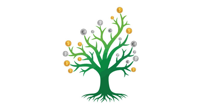 Conceptual money tree financial growth and investment illustrated on white