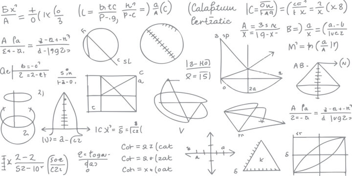 Abstract vector pattern of hand-drawn mathematics formulas and science diagrams on a white background, featuring a school education concept with sketches of charts, graphs, arrows, and web design icon