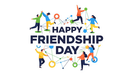 Fototapeta premium Friendship Day Celebration: Diverse individuals connect and celebrate together, forming a heart shape around the Happy Friendship Day text, symbolizing unity and connection.