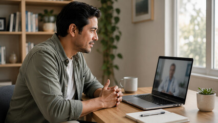 Fototapeta premium Man consults with a doctor via video call on a laptop, discussing health and well-being