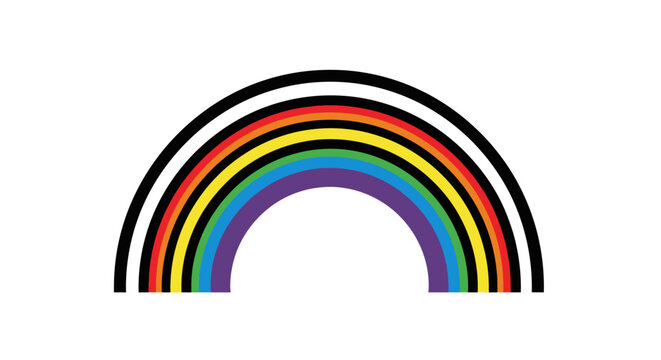 Stylized rainbow arc with black and white stripes on white background.