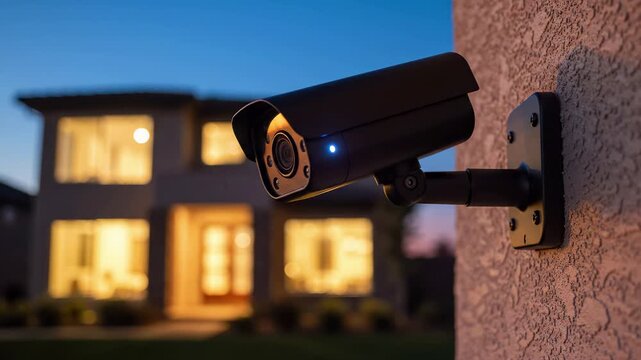 Outdoor security camera mounted on a textured wall monitors a modern residential home at dusk. Smart surveillance technology provides safety, protection, and crime prevention for private property.