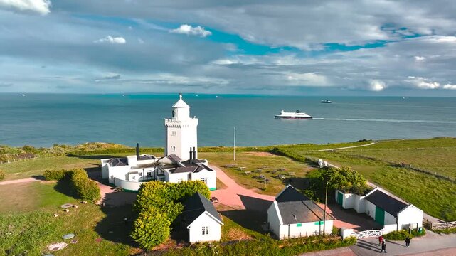 South Foreland Lighthouse from a drone, South Foreland in St. Margaret's Bay, Dover, Kent, England