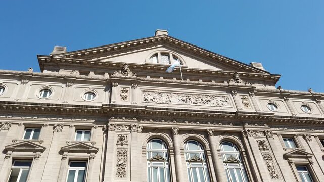 Low Angle Tilt Down Of Colon Theater Facade In Buenos Aires Argentina historic opera house, city landmark
