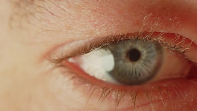 Beautiful extreme close up of a man's blue eye turning directly to the camera and blinking