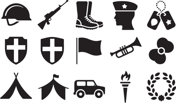 Collection of military icons featuring weapons and equipment designed as a flat vector illustration for various creative professional digital projects
