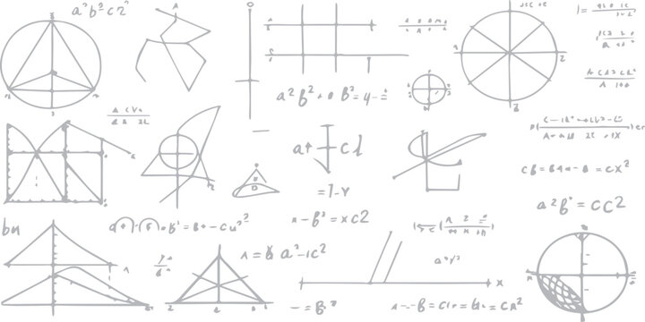 Technical blueprint and architect sketch featuring a set of math formulas on a blackboard alongside engineering diagrams for a house project design