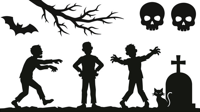 Halloween silhouettes of zombies skulls and a graveyard scene