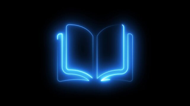 Glowing neon line open book animated icon. Open Reading Book animated on black background with alpha channel