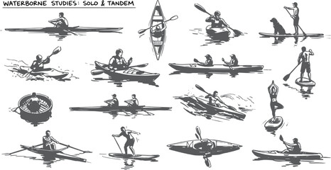 Waterborne studies solo and tandem, hand drawn kayak and canoe sketches, paddle boarding and rowing vector illustrations, outdoor water sports set © Angel Mandik
