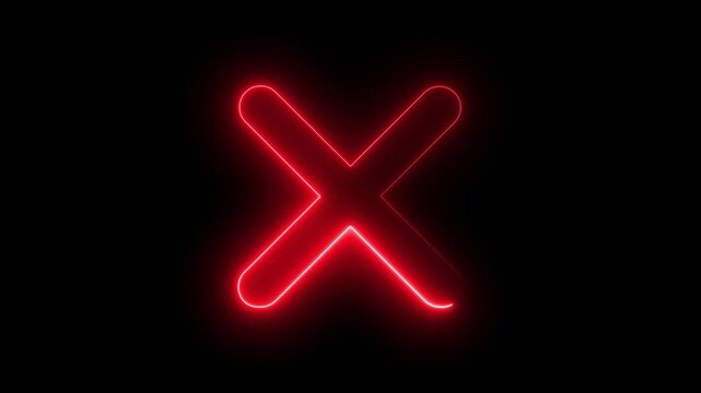 Animated neon line wrong mark icon appearing on black background. symbolizing error, cancel, wrong, or close actions.