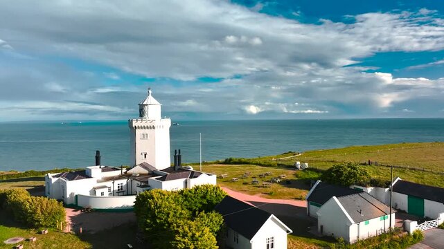 South Foreland Lighthouse from a drone, South Foreland in St. Margaret's Bay, Dover, Kent, England