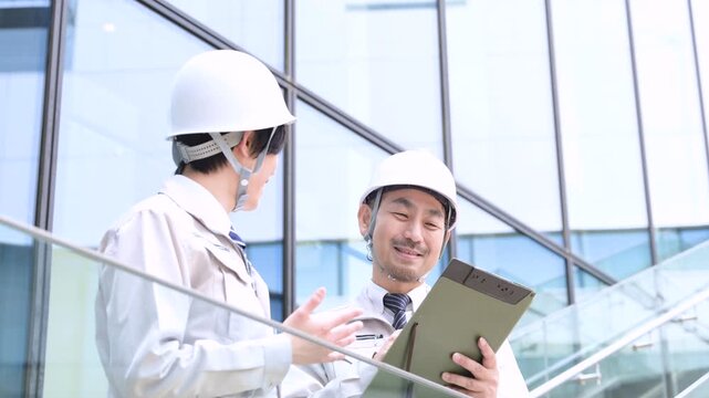 都会のビル背景の建設現場で若手技術者と現場監督が連携する成長イメージ動画　ojtやゼネコンなどの施工管理士の現場指導イメージ